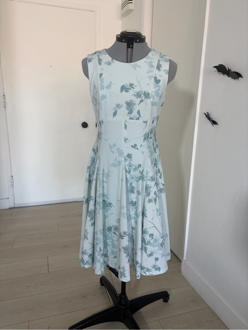 Dkny Mint Blue Floral Fit-and-Flare Midi Dress